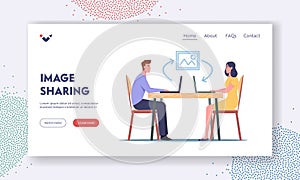 Image Sharing Landing Page Template. Characters Sit at Computer Chat and Share Photo Online. Pictures and Life Moments