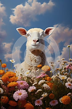 Image of sheep in a beautiful field of flowers. Farm Animals., Generative AI, Illustration