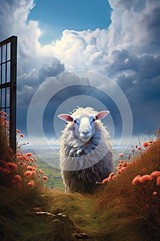 Image of sheep in a beautiful field of flowers. Farm Animals., Generative AI, Illustration