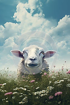 Image of sheep in a beautiful field of flowers. Farm Animals., Generative AI, Illustration