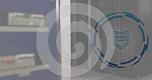 Image of shield and digital data processing over computer servers