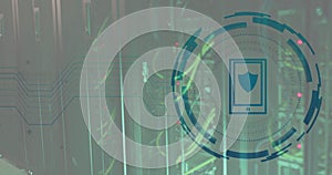 Image of shield and digital data processing over computer servers