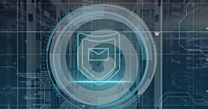 Image of shield icon and data processing over computer servers