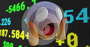 Image of shocked emoji over stock exchange financial data processing