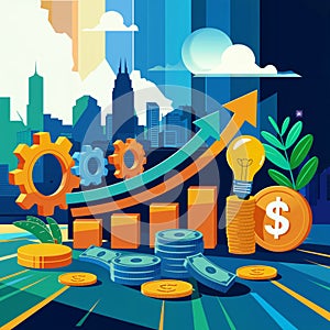 The image should depict a rising graph with an upward arrow, surrounded by symbols of success such as gears, lightbulbs, and