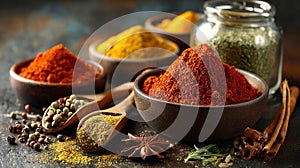 Vibrant Assortment of Aromatic Spices Presented in Rustic Bowls and Wooden Spoons