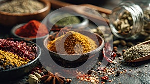 An Assortment of Colorful Spices Arranged in Rustic Bowls and on a Surface