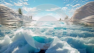 The image showcases a breathtaking underwater view of the ocean, characterized by crystal-clear waters and teeming with diverse