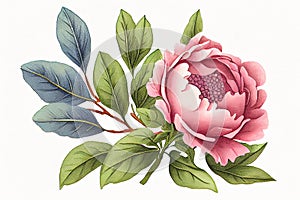 atercolor Background of a pink peony Bud with leaves photo