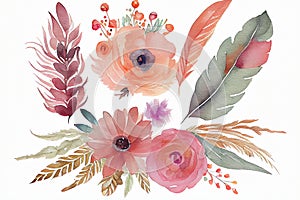 atercolor Background of a pink peony Bud with leaves photo