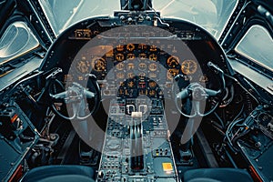 The image showcases the busy cockpit of an airplane, filled with numerous instruments indicating various aspects of flight,