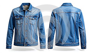 Classic Blue Denim Jacket: Front and Back Views Isolated on White