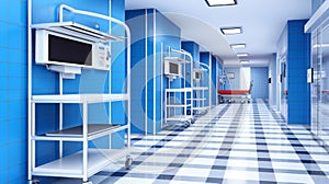 The image showcases a clean, sterile hospital corridor.