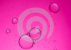 Close-up view of vibrant pink bubbles floating in a liquid solution