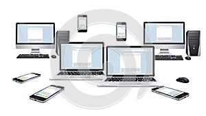 Diverse array of modern electronic devices displaying web browsers on their screens