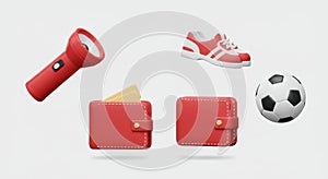 Red 3D Objects: Flashlight, Wallet, Shoes, Ball