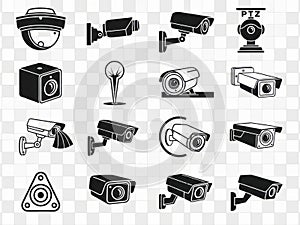 Various types of security cameras isolated on white background