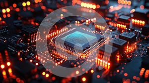 Futuristic Circuit Board with Glowing Lights, Technology Concept, Artificial Intelligence, High Tech Motherboard, Innovation