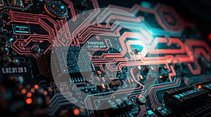 Detailed Computer Circuit Board Close-Up with Red and Blue Neon Glow, Technology Background