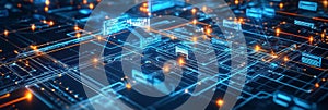 The image showcases a complex network of interconnected nodes and circuits symbolizing data flow connectivity digital