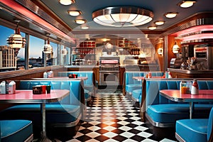 This image showcases a cozy restaurant with a checkered floor and comfortable blue booths, A nostalgic scene of a