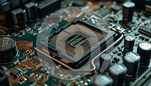 High-angle view of a CPU socket and capacitors photo
