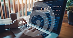 Business analytics dashboard with graphs and charts on laptop screen