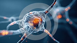 Close-up of a neuron cell with glowing synapses.