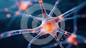 Close-up view of a neuron cell with glowing synapses.