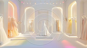 Elegant bridal boutique interior with beautiful wedding dresses on display photo