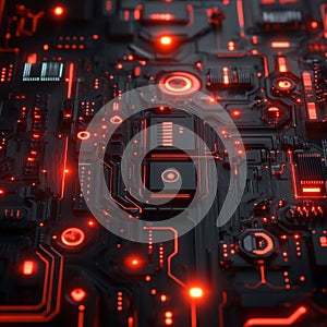 Futuristic circuit board with glowing red lights and digital components