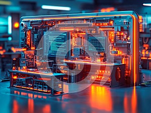 Image showcases a futuristic computer setup, featuring advanced hardware in an illuminated case with multiple monitors A photo