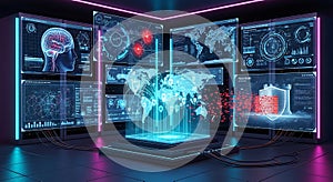 Cybersecurity Concept Modern Data Center with Futuristic Interface and World Map