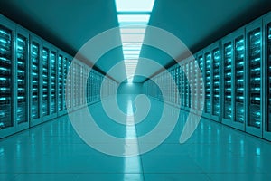 Futuristic Data Center with Neon Blue Lights and Sleek Server Racks
