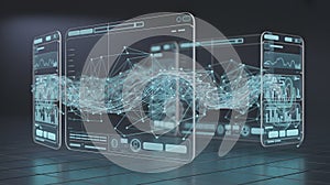 Futuristic digital interface with networked data visualization