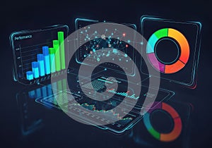 Futuristic digital interface with holographic data visualization and interactive controls