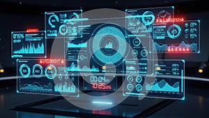 Futuristic digital interface displaying complex data and analytics in a high-tech environment