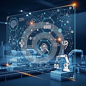 Futuristic factory Automation Display with AI Machine Learning and Robotics