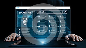 Futuristic Human Resources Dashboard with AI Technology and Search Function, Featuring Digital Interface for Employee