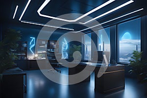 image showcases a futuristic office space adorned with a sophisticated blend of blue and dark-toned decorations.