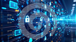 Futuristic Data Security Visualization with Digital Locks and AI Elements, Generative AI