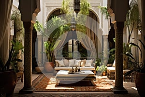 This image showcases a generously furnished living room adorned with numerous plants and greenery, A Moroccan riad with a tranquil