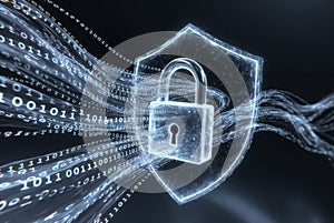 A futuristic digital shield with a lock symbol, surrounded by binary code. isolated on transparent background