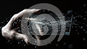 Futuristic technology in hand: Holographic interface with dynamic data particles floating in space