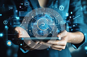 Smartphone in Hands with Futuristic Data Interface Visualization