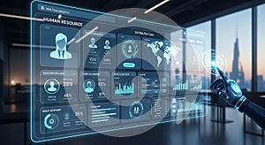 A futuristic interface displaying complex data analytics and global insights.