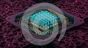 Close up of a neon glowing futuristic processing unit