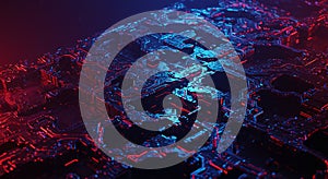 Futuristic neon circuitry data visualization