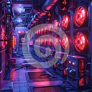 ASIC miners in a dimly lit mining farm.