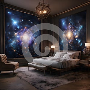 Lucid Dreaming Sanctuary: Cosmic-Themed Bedroom with Stellar Galactic Art photo